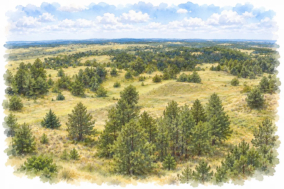 Aquarell: Gruppen von Kiefern auf grasbewachsenen Dünenhügeln, dazwischen offene Wiesen, zum Horizont hin dichtere Kiefernbestände unter einem Himmel mit Haufenwolken.
