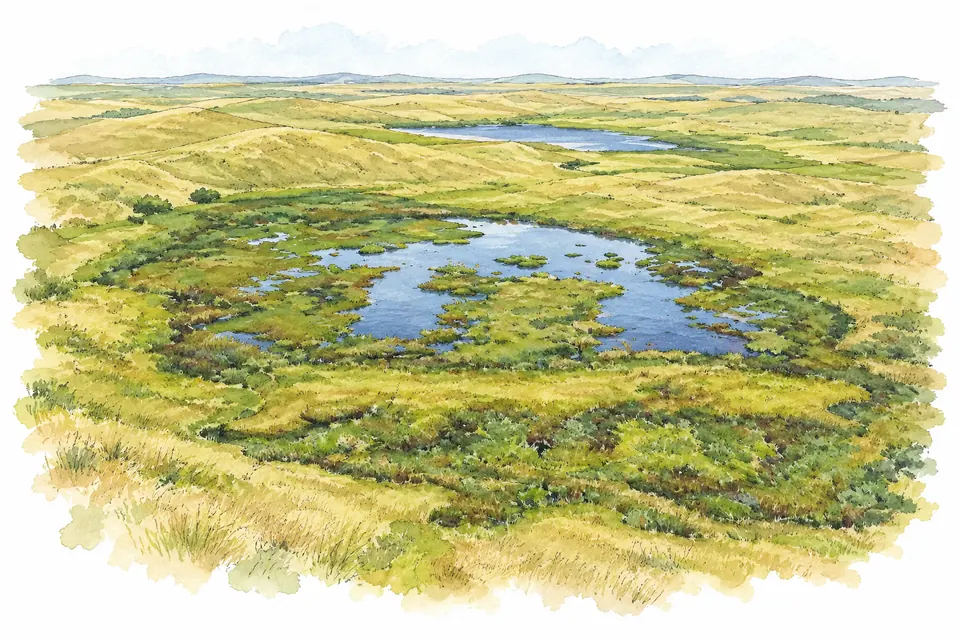 Unregelmäßige offene Wasserflächen und Grasinseln in einer Feuchtwiese zwischen niedrigen, grasbewachsenen Sandhügeln.