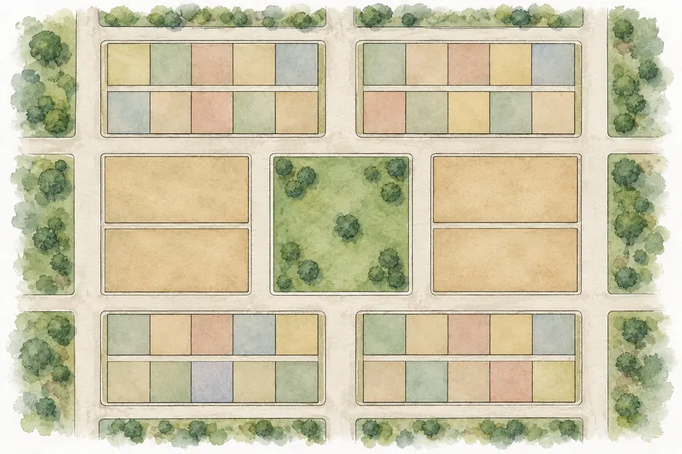 Aquarellierte Draufsicht eines Wards: in der Mitte ein grüner Platz, links und rechts je zwei größere Grundstücke, oben und unten Blöcke mit vielen kleinen Parzellen.