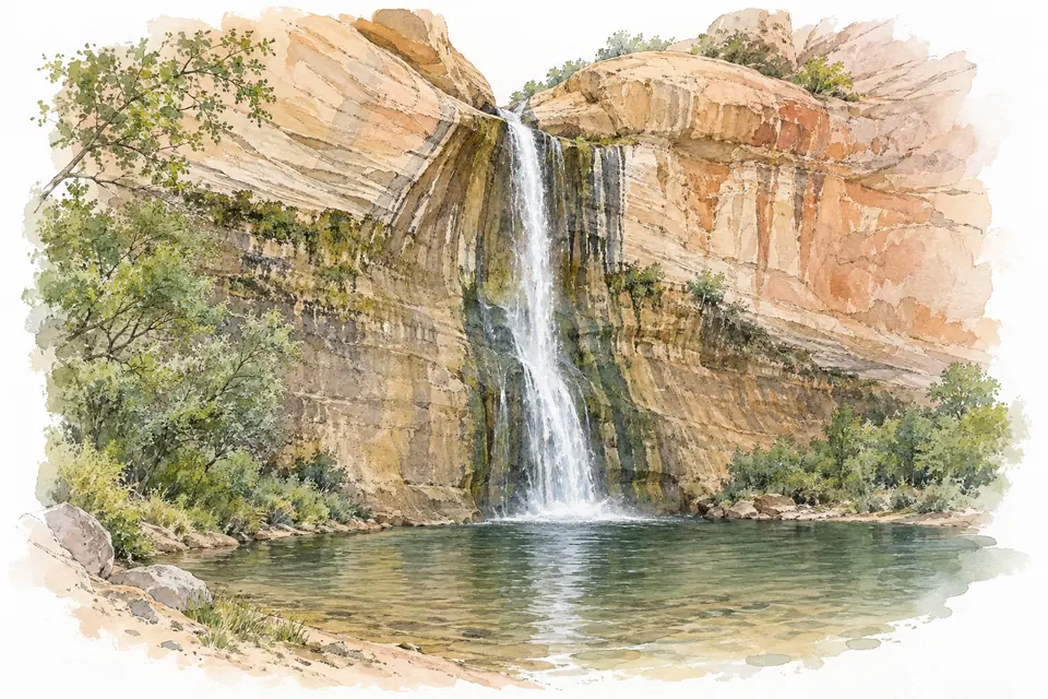 Aquarell der Lower Calf Creek Falls, die über eine Sandsteinwand in einen Teich fallen.