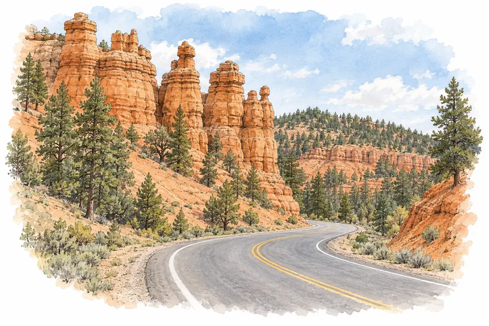 Aquarell der SR 12 zwischen roten Felstürmen und Kiefern im Red Canyon.