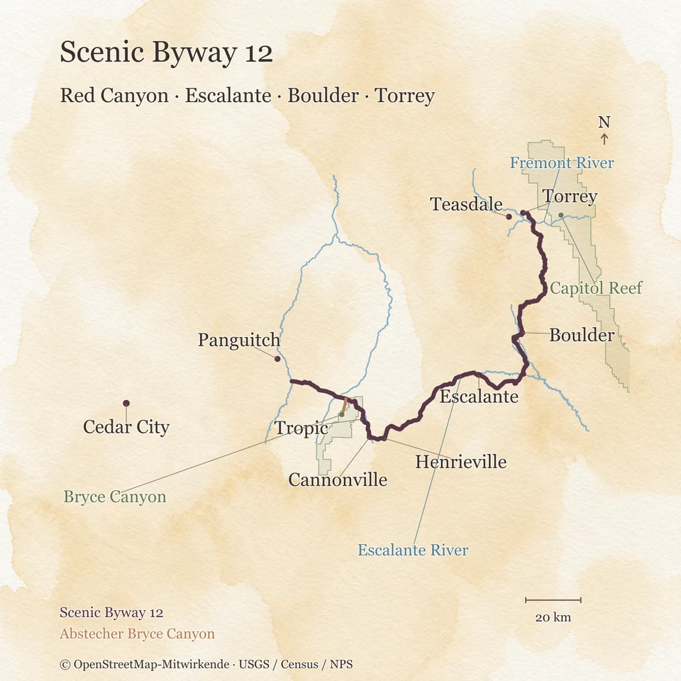 Aquarellkarte des Scenic Byway 12 von der US 89 südlich Panguitch über Tropic, Escalante und Boulder bis zur SR 24 bei Torrey, mit Abstecher zum Bryce Canyon, Capitol Reef als Nachbarziel, Umgebungsorten und Flüssen; Cedar City ist als Ort zur Orientierung eingezeichnet.
