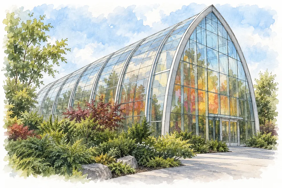 Aquarell eines hohen, gewölbten Glashauses mit Stahlrippen, davor Gartenbeete.