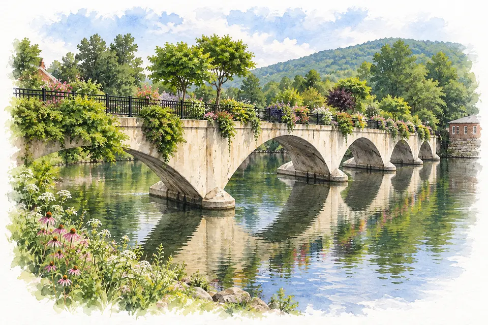 Aquarell: eine helle Betonbrücke mit mehreren Bögen über einem ruhigen Fluss, oben ein schwarzes Geländer und dichte Blumenbeete, dahinter bewaldete Hügel.