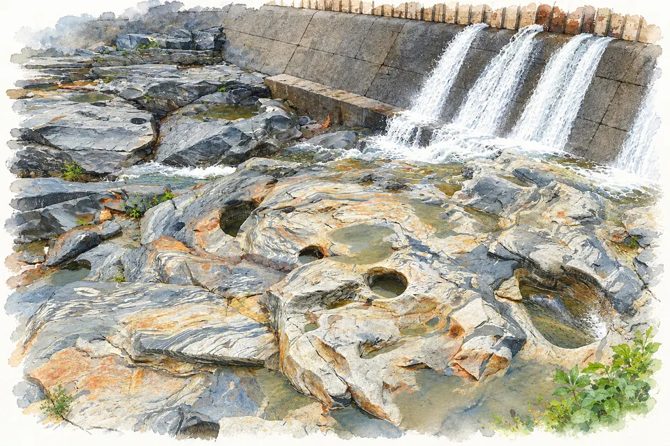 Aquarell: graues, glatt geschliffenes Felsbett mit runden Vertiefungen, im Hintergrund fällt Wasser über ein Betonwehr.