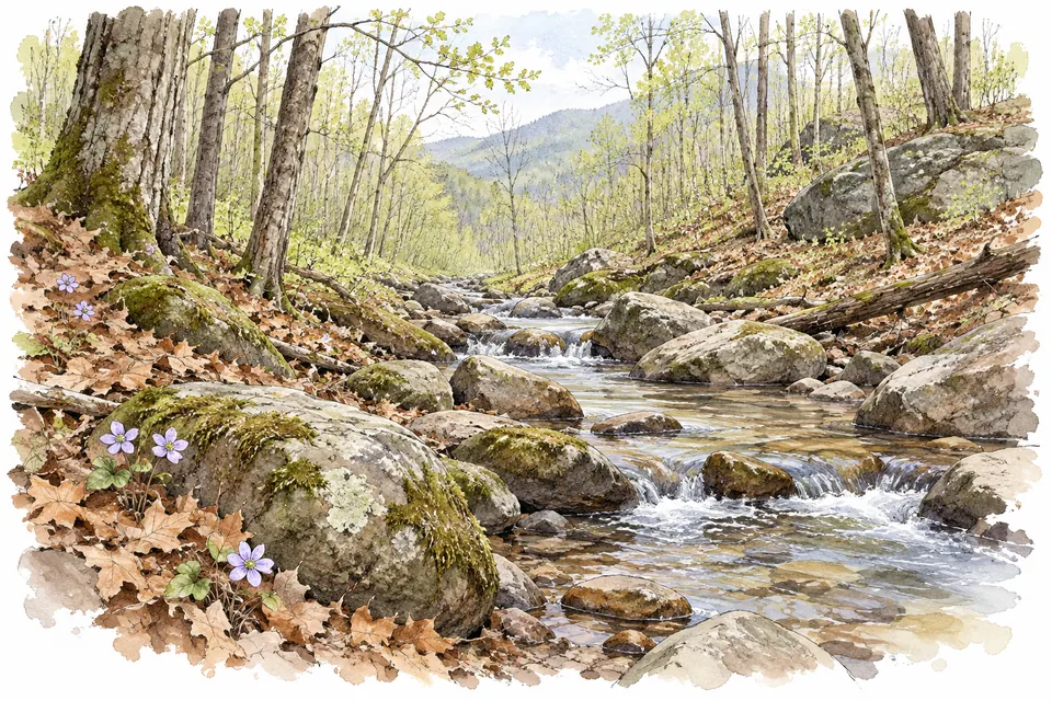 Aquarell eines Waldbachs zwischen bemoosten Felsen, die Bäume mit erstem hellem Laub, im braunen Vorjahreslaub kleine violette Blüten.