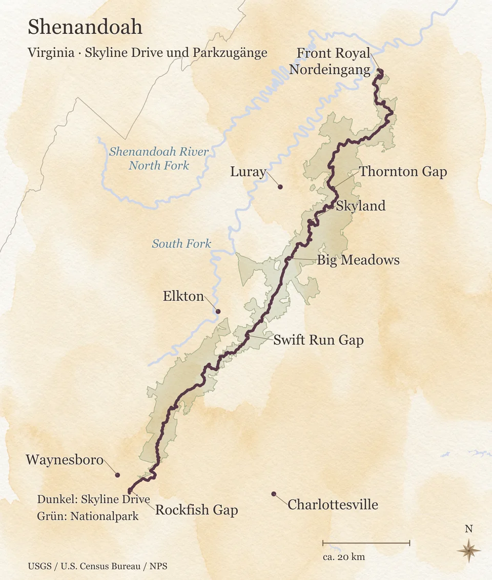 Orientierungskarte des Shenandoah National Park mit dem Skyline Drive vom Nordeingang bei Front Royal bis Rockfish Gap, den Eingängen Thornton Gap und Swift Run Gap, Skyland, Big Meadows, dem Shenandoah River sowie Luray, Elkton, Waynesboro und Charlottesville.