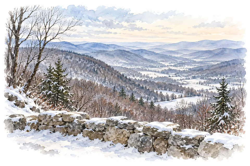 Aquarell einer verschneiten Natursteinmauer vor einem Ausblick über ein schneebedecktes Tal auf gerundete Bergketten, davor kahle Bäume und einzelne Nadelbäume.