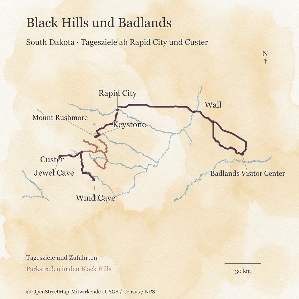 Aquarellkarte der Black Hills und Badlands in South Dakota mit Rapid City, Custer, Wall, Mount Rushmore, Jewel Cave und Wind Cave sowie ausgewählten Zufahrten und Parkstraßen.