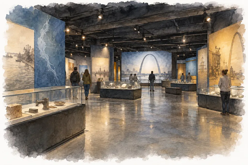 Aquarell einer Ausstellungshalle mit Vitrinen und großen Wandbildern, dazu einige Besucher.