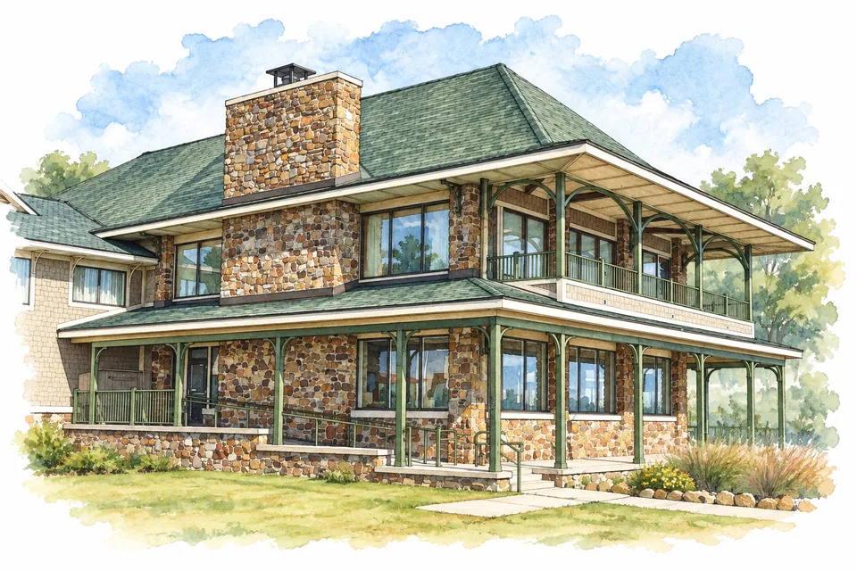 Aquarell der heutigen Queen Wilhelmina Lodge mit Steinfassade, grünem Dach und zweigeschossiger Veranda.