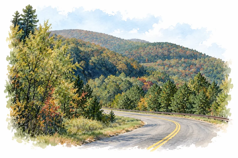 Aquarell einer Kurve des Talimena Scenic Drive vor bewaldeten Hügeln.
