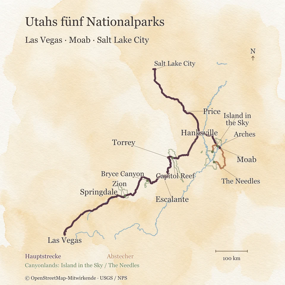 Aquarellkarte der Route von Las Vegas über Zion, Bryce Canyon, Capitol Reef und Moab nach Salt Lake City, mit Arches sowie den getrennten Abstechern zu Island in the Sky und The Needles in Canyonlands.