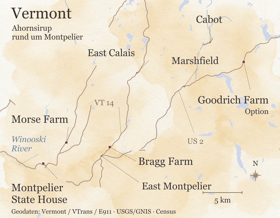 Karte der Umgebung von Montpelier in Vermont mit State House, Morse Farm, Bragg Farm nördlich von East Montpelier und Goodrich Farm an der US 2 bei Cabot, dazu VT 14, Winooski River, Marshfield und East Calais.