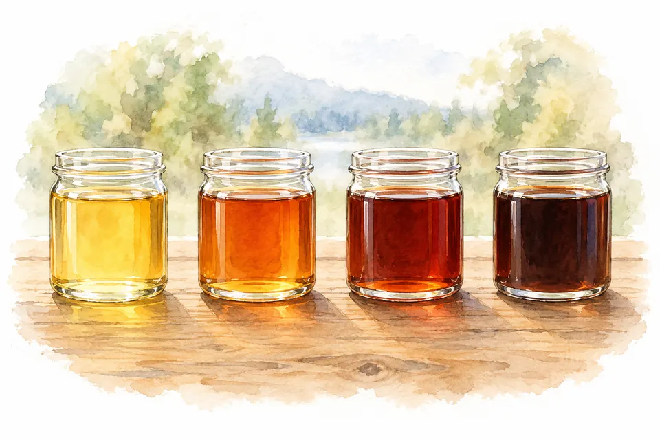 Aquarell: Vier gleich große Gläser mit Sirup von hellem Goldgelb bis zu sehr dunklem Braun.