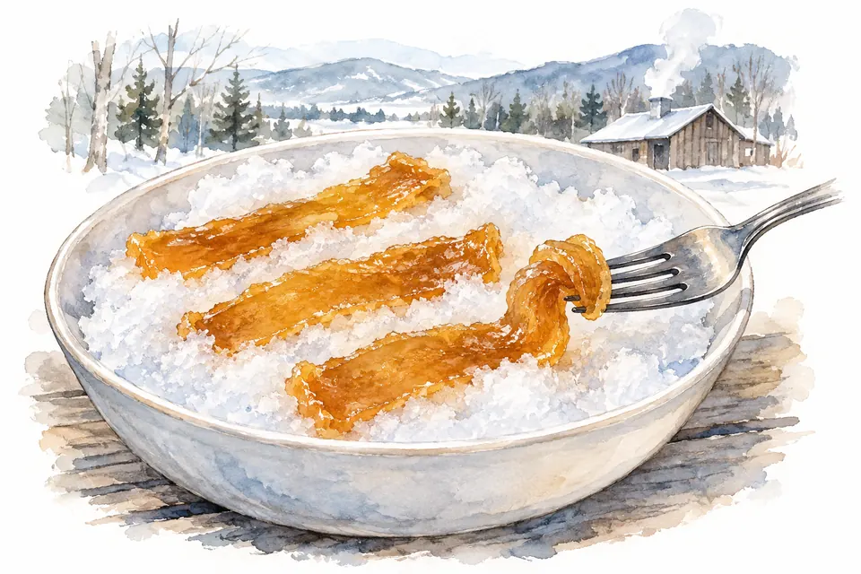 Aquarell: Drei bernsteinfarbene Sirupbänder auf Schnee in einer weißen Schale; eine Gabel hebt ein Stück an.