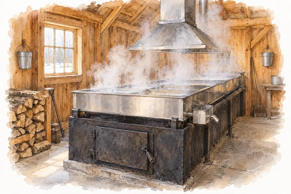 Aquarell: Flache Metallpfannen mit aufsteigendem Dampf über einer schwarzen Feuerung in einem Holzgebäude.