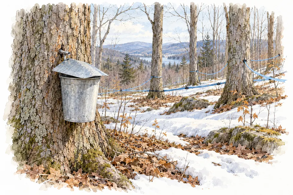 Aquarell: Metalleimer am vorderen Ahornstamm und blaue Leitungen zwischen weiteren Bäumen im Schnee.