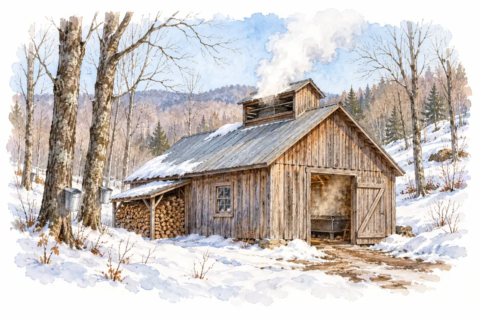 Aquarell: Hölzernes Zuckerhaus mit Dachaufsatz, hellem Dampf und Zapfeimern im verschneiten Wald.
