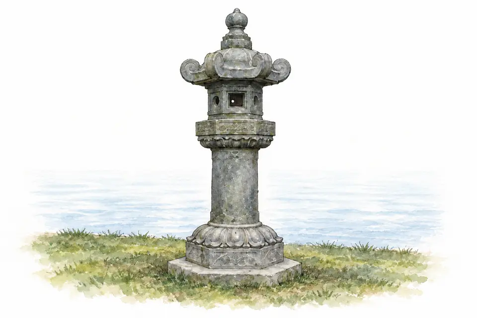 Aquarell einer japanischen Steinlaterne aus grauem Stein mit geschwungenem Dach, kleiner Lichtkammer, runder Säule und mehrstufigem Sockel auf einer Rasenkante; dahinter ruhiges Wasser.