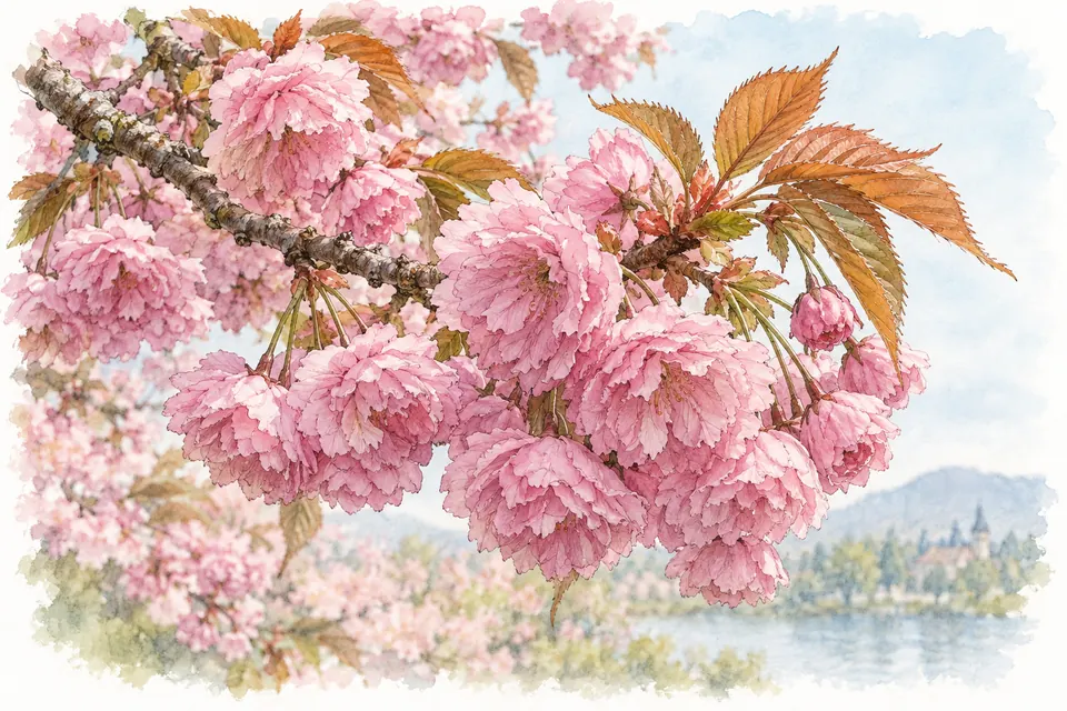 Aquarell eines Zweigs mit gefüllten rosa Blüten in dichten, hängenden Büscheln und jungen rötlichen Blättern.