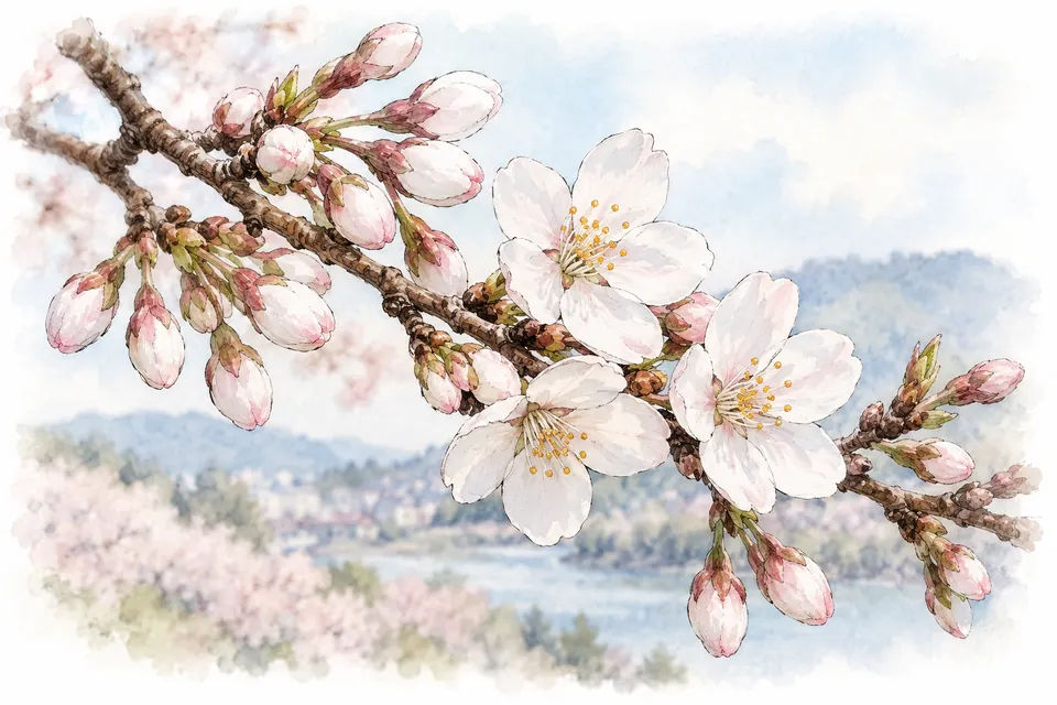 Aquarell eines Kirschzweigs mit prall weißen Knospen und ersten geöffneten weißen Blüten.