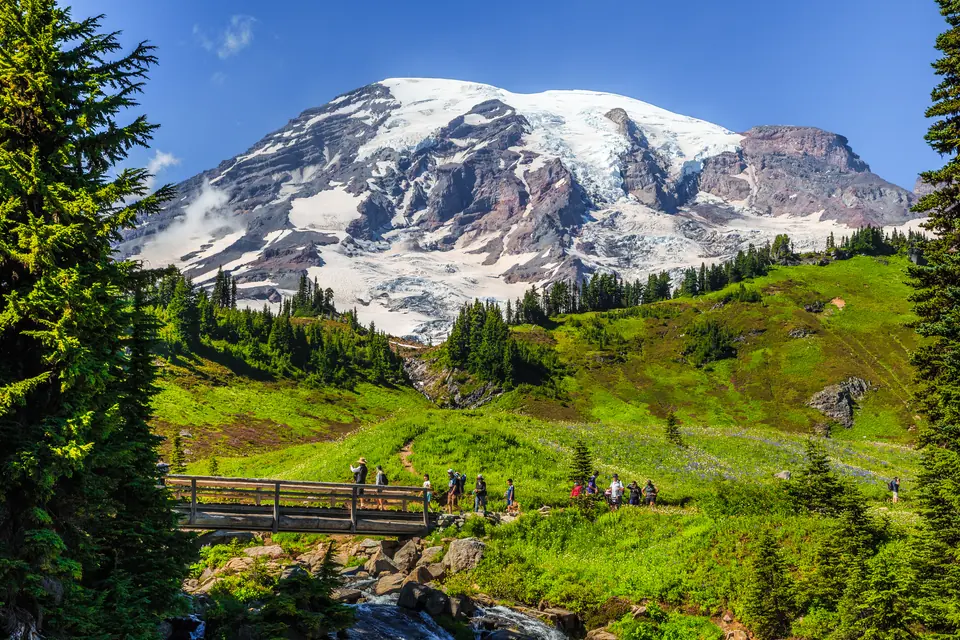 Verschneiter Gipfel des Mount Rainier über grünen Bergwiesen, im Vordergrund Wanderer auf einer Holzbrücke.