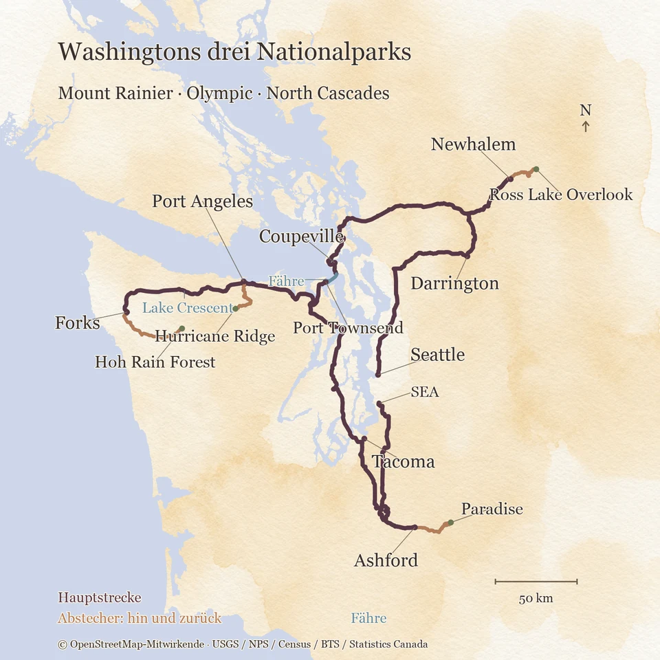 Aquarellkarte der Washington-Route von Seattle und dem Flughafen SEA über Ashford und Paradise zur Olympic-Halbinsel, mit Port Angeles, Forks, Hurricane Ridge und Hoh Rain Forest, der Fähre Port Townsend–Coupeville sowie Newhalem und Ross Lake Overlook.
