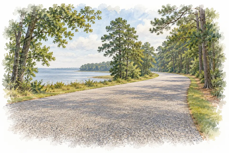 Aquarell: eine leicht geschwungene Straße mit grobkörnigem Belag ohne Verkehr, links ein breiter Fluss, rechts Kiefern und Laubbäume.