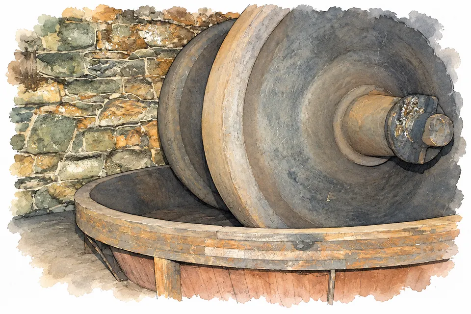 Aquarell zweier breiter, senkrecht stehender Metallrollen auf einer Achse in einer runden Wanne mit Holzrand, dahinter eine Bruchsteinmauer.