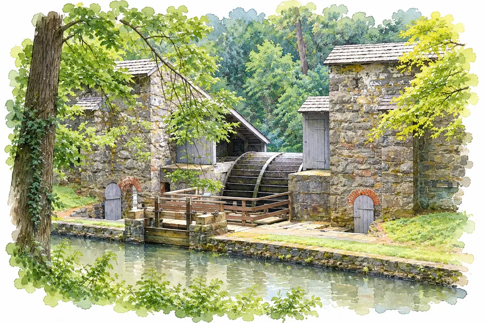 Aquarell eines großen hölzernen Wasserrads zwischen zwei Bruchsteinbauten mit Schindeldächern. Davor ein Holzsteg mit Geländer und ein ruhiger Kanal mit gemauertem Ufer.