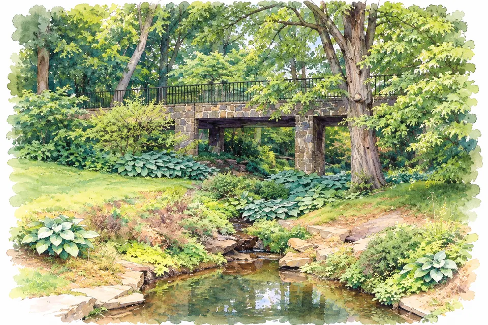Aquarell einer niedrigen Steinbrücke mit dunklem Metallgeländer über einem schmalen Bach, an den Ufern Steinplatten, Blattpflanzen und Bäume.