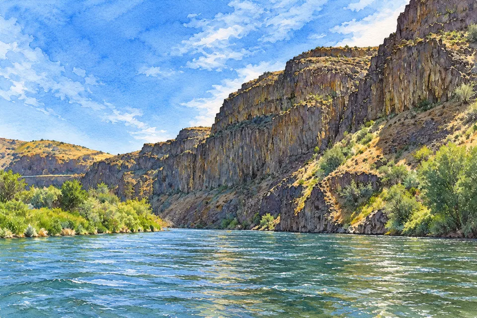 Aquarell einer gestuften Basaltwand über dem Yakima River, am gegenüberliegenden Ufer grüne Sträucher.