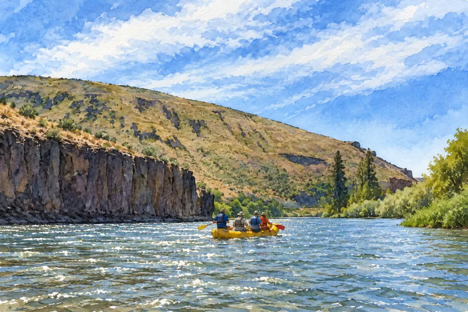 Aquarell von vier Erwachsenen mit Schwimmwesten in einem gelben Schlauchboot auf dem Yakima River zwischen Basaltwand und Ufergehölzen.