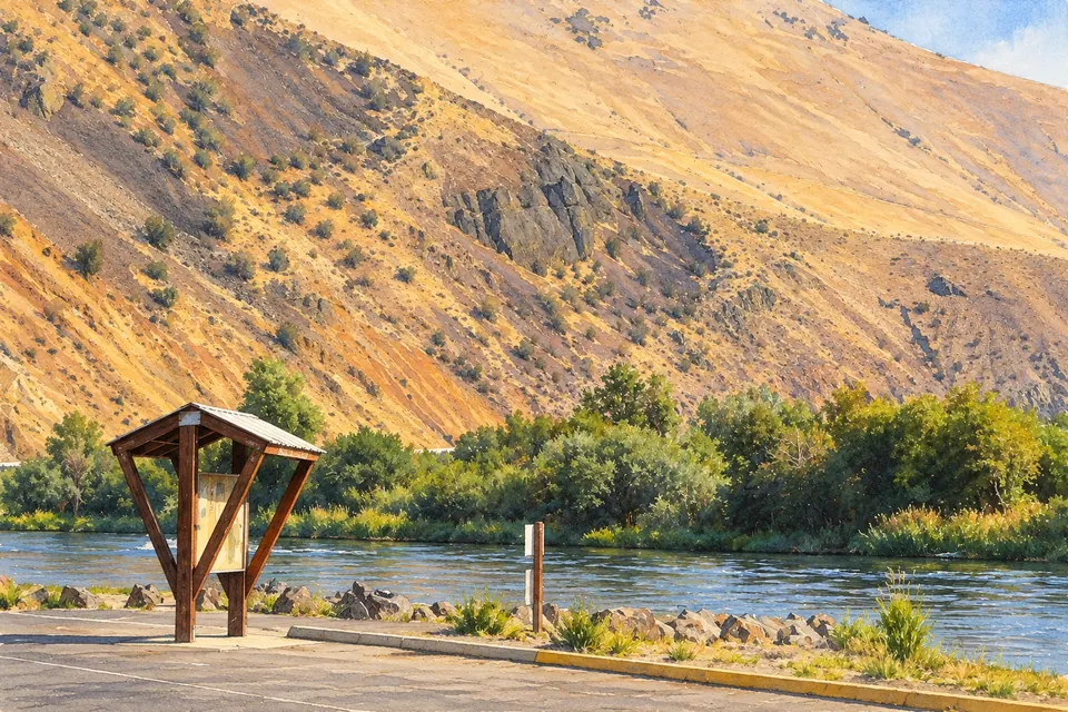 Aquarell des Flusszugangs am Roza Recreation Site mit überdachter Informationstafel, gepflastertem Rand, dem Yakima River und einem trockenen Basalthang.