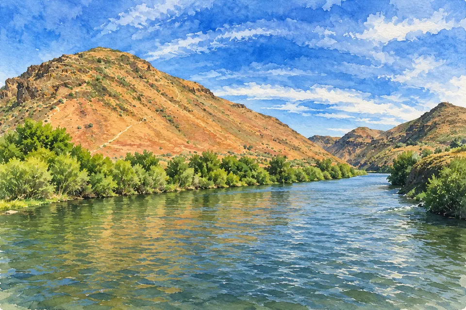 Aquarell eines dicht mit Gehölzen bewachsenen Ufers am Yakima River vor trockenen braunen Hängen.