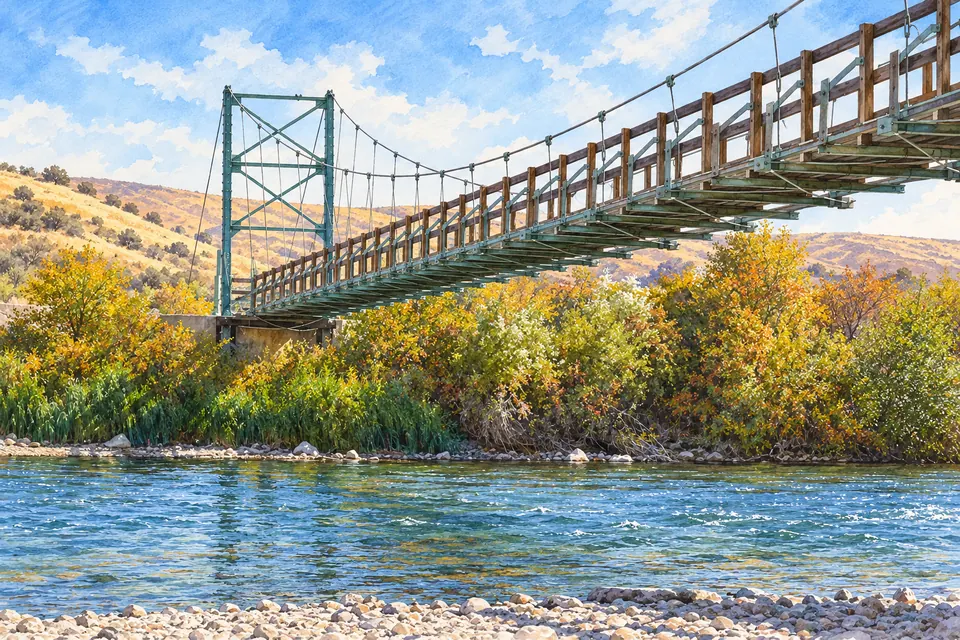 Aquarell der Umtanum-Hängebrücke im Zustand von 2015 mit grünem Stahlturm, altem braunem Holzgeländer und schmalem Hängedeck über dem Fluss.