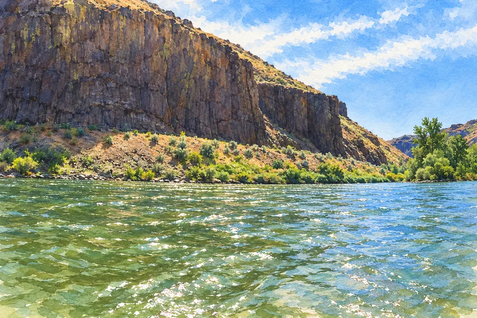 Aquarell des Yakima River vor einer hohen, dunklen Basaltwand, am Ufer niedriges Gehölz.