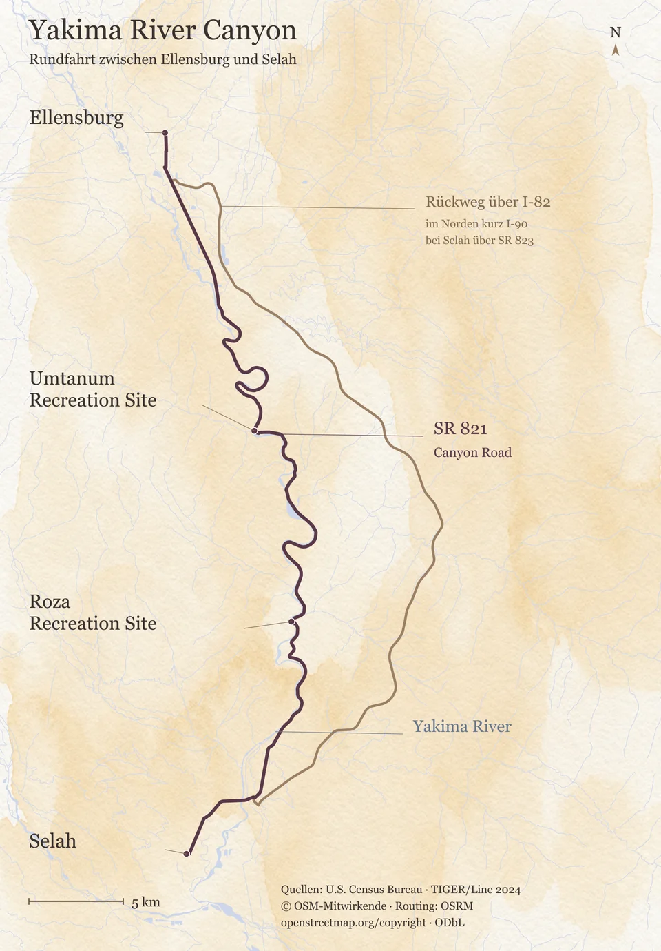 Orientierungskarte der Rundfahrt von Ellensburg durch den Yakima River Canyon über Umtanum und Roza nach Selah, zurück über SR 823, I-82 und ein kurzes Stück I-90.