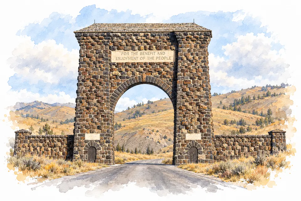 Aquarell des Roosevelt Arch: ein hoher Torbogen aus dunklem Bruchstein mit der Inschrift „For the Benefit and Enjoyment of the People“, durch den eine Straße führt. Dahinter liegen gelbbraune Hügel mit vereinzelten Nadelbäumen.