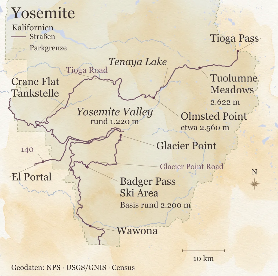 Karte des Yosemite National Park in Kalifornien mit Yosemite Valley auf rund 1.220 Metern, Glacier Point Road mit Badger Pass, Tioga Road über Crane Flat, Olmsted Point und Tuolumne Meadows bis zum Tioga Pass sowie Wawona und El Portal.